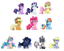 Size: 2000x1611 | Tagged: safe, artist:loyaldis, character:applejack, character:derpy hooves, character:fluttershy, character:pinkie pie, character:princess celestia, character:princess luna, character:rainbow dash, character:rarity, character:twilight sparkle, character:zecora, species:alicorn, species:earth pony, species:pegasus, species:pony, species:unicorn, species:zebra, g4, chibi, colored pupils, female, happy, mare, princess, simple background, sitting, smiling, transparent background