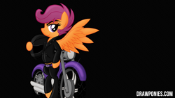 Size: 1920x1080 | Tagged: safe, artist:drawponies, character:scootaloo, species:pegasus, species:pony, clothing, female, helmet, jacket, motorcycle, pants, solo