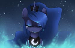 Size: 1018x658 | Tagged: dead source, safe, artist:loyaldis, character:princess luna, species:alicorn, species:pony, g4, bust, crying, eyes closed, female, horn, jewelry, lidded eyes, mare, night, portrait, regalia, sad, solo, standing, stars, tiara