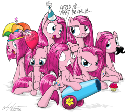 Size: 1366x1200 | Tagged: safe, artist:flutterthrash, character:pinkamena diane pie, character:pinkie pie, episode:too many pinkie pies, g4, my little pony: friendship is magic, balloon, clone, cute, cuteamena, megadeth, partillery, party cannon, pinkie clone