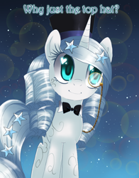 Size: 700x895 | Tagged: dead source, safe, artist:loyaldis, species:pony, species:unicorn, g2, bow tie, clothing, female, g2 to g4, generation leap, hat, heart eyes, mare, monocle, princess silver swirl, smiling, solo, standing, text, top hat, wingding eyes