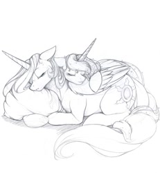 Size: 867x939 | Tagged: safe, artist:longinius, character:princess celestia, character:princess luna, species:alicorn, species:pony, cuddling, cute, cutelestia, eyes closed, floppy ears, fluffy, grayscale, hug, intertwined tails, lunabetes, monochrome, pillow, prone, sisters, sketch, sleeping, smiling, snuggling, traditional art
