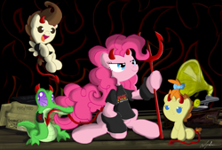 Size: 1700x1150 | Tagged: safe, artist:flutterthrash, character:gummy, character:pinkie pie, character:pound cake, character:pumpkin cake, ac/dc, clothing, costume, demon, gramophone, halloween, trident
