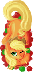 Size: 1234x2599 | Tagged: safe, artist:fauxsquared, character:applejack, apple, female, food, prone, solo, wink