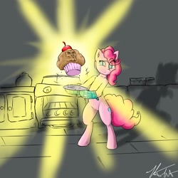 Size: 2800x2800 | Tagged: safe, artist:captainpudgemuffin, character:pinkie pie, oc, oc:captainpudgemuffin, baking, face, food, glow, manly, muffin, oven, oven mitts, wat