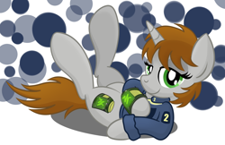 Size: 5992x3880 | Tagged: safe, artist:drawponies, oc, oc only, oc:littlepip, species:pony, species:unicorn, fallout equestria, abstract background, clothing, cutie mark, fanfic, fanfic art, female, hooves, horn, lying down, mare, pipbuck, smiling, solo, vault suit