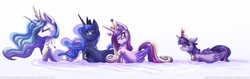 Size: 1280x405 | Tagged: safe, artist:inuhoshi-to-darkpen, character:princess cadance, character:princess celestia, character:princess luna, character:twilight sparkle, character:twilight sparkle (alicorn), species:alicorn, species:pony, alicorn tetrarchy, duck pony, element of magic, eyes closed, female, floppy ears, fluffy, frown, grumpy, grumpy twilight, line-up, looking back, mare, smiling, swandance, swanlestia, swanlight sparkle, swanluna, swimming, twilight is not amused, unamused, water