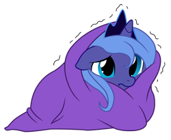 Size: 600x491 | Tagged: safe, artist:jessy, artist:kooner-cz, character:princess luna, species:pony, baby, baby luna, baby pony, blanket, cold, cute, female, filly, shivering, simple background, solo, trying to stay warm, woona, younger