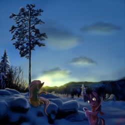 Size: 900x900 | Tagged: safe, artist:miokomata, character:fluttershy, character:twilight sparkle, species:pony, backlighting, bipedal, clothing, scarf, scenery, snow, sunrise, tree, winter