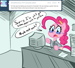 Size: 770x700 | Tagged: safe, artist:tess, character:pinkie pie, ask, clothing, computer, desk, female, glasses, necktie, office, paperwork, pencil, ponyville replies, shirt, solo, table, tumblr, working