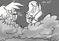 Size: 1280x900 | Tagged: safe, artist:fauxsquared, character:gilda, character:trixie, species:griffon, card, cloud, dialogue, go fish, grayscale, monochrome, playing, trixie is magic