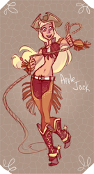 Size: 2246x4153 | Tagged: safe, artist:holivi, character:applejack, belly button, boots, chaps, female, front knot midriff, high heel boots, humanized, midriff, rope, solo, spurs