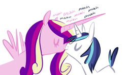 Size: 735x437 | Tagged: safe, artist:elslowmo, artist:php27, character:princess cadance, character:shining armor, ship:shiningcadance, boop, cute, eyes closed, female, horns are touching, husbandhorse, kissing, love, male, mwah, noseboop, onomatopoeia, shipping, smiling, straight, wifehorse