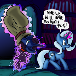 Size: 700x700 | Tagged: safe, artist:fauxsquared, character:princess luna, character:trixie, luna-afterdark, bag, excited, magic, telekinesis, trixie is magic, unamused