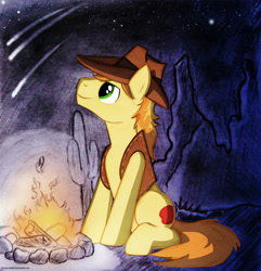 Size: 3380x3511 | Tagged: safe, artist:dripponi, character:braeburn, episode:over a barrel, g4, my little pony: friendship is magic, braebetes, camp, campfire, comet, cute, desert, fire, male, night, night sky, sky, solo, stars