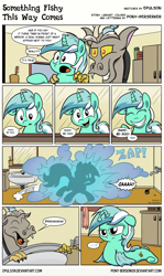 Size: 2400x4030 | Tagged: safe, artist:epulson, artist:pony-berserker, character:discord, character:lyra heartstrings, species:pony, species:sea pony, g4, bathroom, comic, dialogue, discord being discord, eyes closed, female, male, mare, mirror, prank, seaponified, seapony lyra, speech bubble, text, toilet, transformation