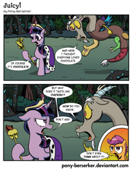 Size: 1110x1436 | Tagged: safe, artist:pony-berserker, character:discord, character:scootaloo, character:twilight sparkle, species:pegasus, species:pony, episode:princess twilight sparkle, g4, my little pony: friendship is magic, cane, comic, eating, food, scene parody, scootaloo is not amused, twilight scepter