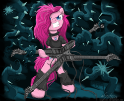 Size: 1465x1200 | Tagged: safe, artist:flutterthrash, character:pinkie pie, species:pony, episode:princess twilight sparkle, g4, my little pony: friendship is magic, alternate hairstyle, bipedal, black vine, clothing, female, goth, guitar, leg warmers, metal, michael angelo batio, necklace, quad guitar, shirt, solo