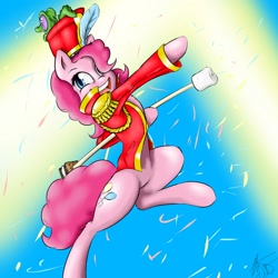 Size: 1600x1600 | Tagged: safe, artist:captainpudgemuffin, character:gummy, character:pinkie pie, species:pony, baton, bipedal, clothing, jacket, marching, marshmallow, s'mores