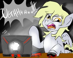 Size: 999x799 | Tagged: safe, artist:celine-artnsfw, artist:jitterbugjive, character:derpy hooves, species:pegasus, species:pony, angry, computer, computer mouse, female, laptop computer, mare, outlast, rage, solo, upset