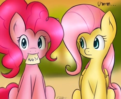 Size: 988x809 | Tagged: safe, artist:freefracornerofsillyness, artist:freefraq, character:fluttershy, character:pinkie pie, ship:flutterpie, female, hug, hug request, lesbian, looking at you, mouth hold, shipping, sitting, smiling
