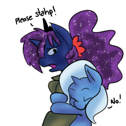 Size: 500x500 | Tagged: safe, artist:fauxsquared, character:princess luna, character:trixie, luna-afterdark, hape, hug, scrunchie, simple background, trixie is magic