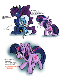 Size: 1280x1609 | Tagged: safe, artist:fauxsquared, character:princess luna, character:trixie, character:twilight sparkle, character:twilight sparkle (alicorn), species:alicorn, species:pony, luna-afterdark, comic, female, hug, mare, trixie is magic, tumblr