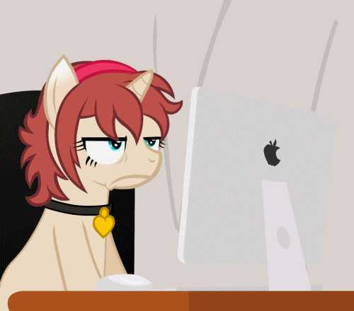 Size: 500x440 | Tagged: safe, artist:aha-mccoy, oc, oc only, oc:corel, species:pony, species:unicorn, animated, ask, clothing, collar, computer, female, frown, glare, heart, imac, macintosh, mare, no, tractor, tumblr, unamused