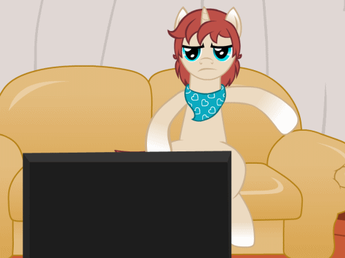 Size: 500x375 | Tagged: safe, artist:aha-mccoy, oc, oc only, oc:corel, species:pony, species:unicorn, couch, gradient hooves, male, neckerchief, rule 63, scratching, solo, stallion, television