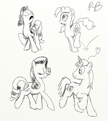 Size: 890x1000 | Tagged: safe, artist:pony-berserker, character:pinkie pie, character:rarity, character:shining armor, heart, monochrome, sketch, sketch dump