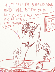 Size: 680x890 | Tagged: safe, artist:pony-berserker, oc, oc only, breaking the fourth wall, calendar, ink, magic, quill, sketch, solo, szafalesiaka