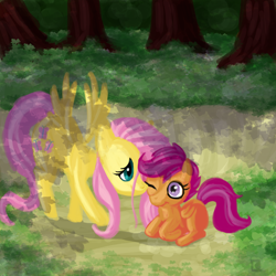 Size: 2400x2400 | Tagged: safe, artist:fauxsquared, character:fluttershy, character:scootaloo, species:pegasus, species:pony, high res