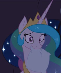 Size: 3216x3824 | Tagged: safe, artist:joey darkmeat, character:princess celestia, species:pony, cropped, crown, cute, cutelestia, dark, female, looking at you, mare, mouth hold, pillow, solo, sparkles