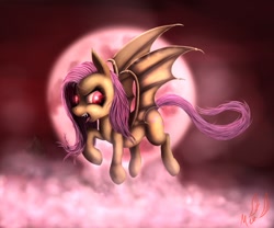 Size: 1200x1000 | Tagged: safe, artist:miokomata, character:flutterbat, character:fluttershy, species:bat pony, species:pony, episode:bats!, g4, my little pony: friendship is magic, cloud, cloudy, female, flying, moon, night, race swap, solo