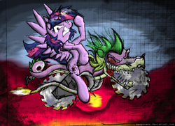 Size: 1660x1200 | Tagged: safe, artist:flutterthrash, character:spike, character:twilight sparkle, character:twilight sparkle (alicorn), species:alicorn, species:pony, episode:all bottled up, g4, my little pony: friendship is magic, album cover, female, judas priest, mare, metal, painkiller, parody, ponified, ponified album cover
