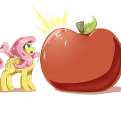 Size: 800x800 | Tagged: safe, artist:sirmasterdufel, character:flutterbat, character:fluttershy, species:bat pony, species:pony, apple, female, giant apple, race swap, solo, that pony sure does love apples