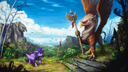 Size: 1920x1080 | Tagged: safe, artist:assasinmonkey, character:twilight sparkle, character:twilight sparkle (alicorn), species:alicorn, species:griffon, species:pony, bush, cloud, cloudy, female, floppy ears, frown, holding, mare, mountain, nervous, raised hoof, river, scared, scenery, scenery porn, sky, spear, spread wings, stairs, standing, statue, tree, wallpaper, wings