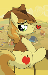 Size: 3254x5055 | Tagged: safe, artist:drawponies, character:braeburn, appleloosa, back, floating heart, hay bale, heart, looking back, male, profile, sitting, solo