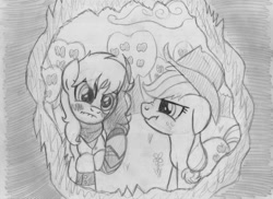 Size: 1024x744 | Tagged: safe, artist:drawponies, character:applejack, commission, crossover, monochrome, ponified, rooster teeth, rwby, sketch, traditional art, tree, yang xiao long