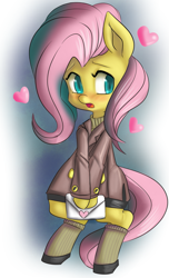 Size: 1191x1956 | Tagged: safe, artist:fauxsquared, character:fluttershy, blushing, clothing, female, letter, solo, sweater, sweatershy, turtleneck