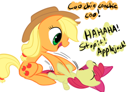 Size: 2338x1700 | Tagged: safe, artist:rustydooks, artist:tess, character:apple bloom, character:applejack, species:earth pony, species:pony, g4, adorabloom, apple sisters, cute, diabetes, duo, female, filly, foal, jackabetes, mare, sibling tickling, siblings, simple background, sisters, tickling, white background