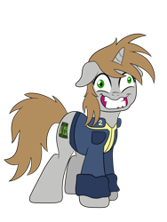 Size: 774x1032 | Tagged: safe, artist:drawponies, oc, oc only, oc:littlepip, species:pony, species:unicorn, fallout equestria, clothing, cutie mark, fanfic, fanfic art, female, floppy ears, gritted teeth, hooves, horn, insanity, mare, simple background, sketch, solo, teeth, transparent background, vault suit