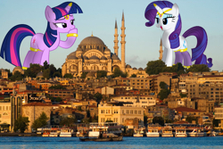 Size: 1280x856 | Tagged: safe, artist:navitaserussirus, artist:somerandomminion, character:rarity, character:twilight sparkle, species:pony, ship:rarilight, boat, genie, giant pony, giantess, irl, istanbul, macro, mosque, photo, ponies in real life, shipping, turkey (country)