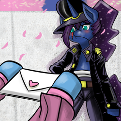 Size: 2800x2800 | Tagged: safe, artist:fauxsquared, character:princess luna, character:trixie, species:pony, luna-afterdark, ship:luxie, bipedal, blushing, clothing, female, hat, heart, jacket, lesbian, letter, scar, semi-anthro, shipping