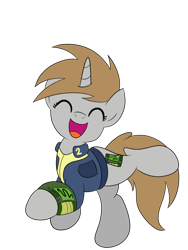 Size: 774x1032 | Tagged: safe, artist:drawponies, oc, oc only, oc:littlepip, species:pony, species:unicorn, fallout equestria, clothing, cute, eyes closed, fanfic, fanfic art, female, glee, happy, hooves, horn, joyful, mare, open mouth, pipbuck, simple background, solo, transparent background, vault suit
