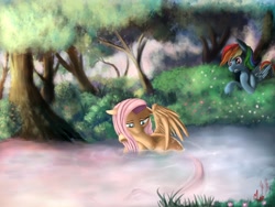 Size: 1600x1200 | Tagged: safe, artist:miokomata, character:fluttershy, character:rainbow dash, ship:flutterdash, bathing, female, floppy ears, gritted teeth, lesbian, outdoors, pond, raised leg, shipping, spread wings, tree, watching, water, wet, wings