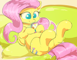 Size: 500x385 | Tagged: safe, artist:sirmasterdufel, character:fluttershy, chubby, female, ipod, on back, solo