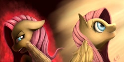 Size: 1600x800 | Tagged: safe, artist:miokomata, character:fluttershy, angry, duality, fangs
