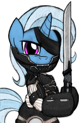 Size: 719x1112 | Tagged: safe, artist:drawponies, character:trixie, species:pony, species:unicorn, crossover, female, konami, metal gear, metal gear rising, raiden, rules of nature, solo