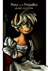 Size: 1280x1904 | Tagged: safe, artist:fauxsquared, character:applejack, species:anthro, clothing, dress, female, literary parody, parody, pride and prejudice, solo, tumblr:it's always sunny in canterlot